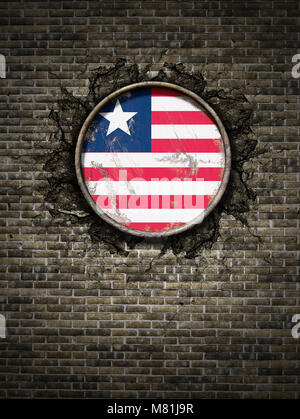 3d rendering of a Liberia flag over a rusty metallic plate embedded on ...