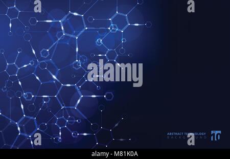 Abstract hexagon geometric background with connected line and dots on blue background. Big data Visualization. Structure molecule and communication. M Stock Vector