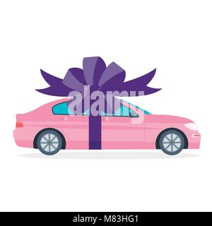 Poster with red machine and ribbon. Car gift concept or presentation of  auto for sale, rent,. Flat vector illustration. Stock Vector