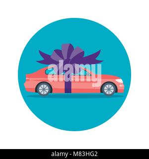 Poster with red machine and ribbon. Car gift concept or presentation of  auto for sale, rent,. Flat vector illustration. Stock Vector