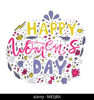 Beautiful card design for happy women's day celebration. Postcard for woman, mother, girl, lady with flowers and female accesories. Vector. Stock Vector