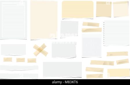 Brown adhesive, sticky, masking, duct tape pieces, white torn note, notebook paper for text are isolated on white background. Stock Vector