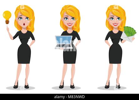 Beautiful business woman. Set with blonde businesswoman in formal wear with a good idea, holding laptop and holding envelope with money. Cute cartoon  Stock Vector