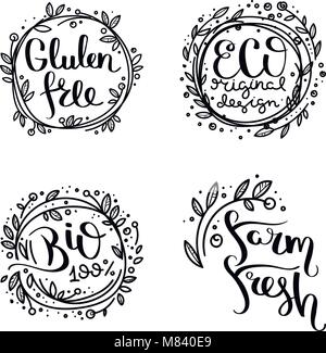 Eco vector organic labels, bio emblems for stickers and restaurants menu, natural products packaging. Gluten free, vegan, locally grown eco friendly i Stock Vector