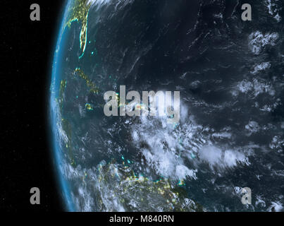 Night map of Puerto Rico as seen from space on planet Earth. 3D illustration. Elements of this image furnished by NASA. Stock Photo