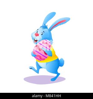 Blue cartoon Easter rabbit running with paschal egg isolated on white background. Happy ester Bunny wearing yellow shirt. Cute holiday character. Design decoration. Colorful vector animal illustration Stock Vector