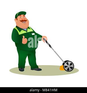 Funny cartoon farmer with lawn mower and ok gesture. Smiling character gardener man cutting grass isolated on white background. Happy flat worker from lawn care service. Colorful vector illustration. Stock Vector