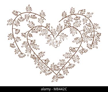 Rowanberry in heart shape vector illustration. Decoration for Valentine's Day. Branches with leaves and berries. Stock Vector