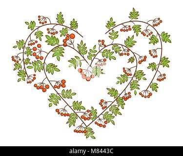 Rowan-berry in heart shape vector illustration. Branches with green leaves and orange berries. Autumn love composition. Stock Vector