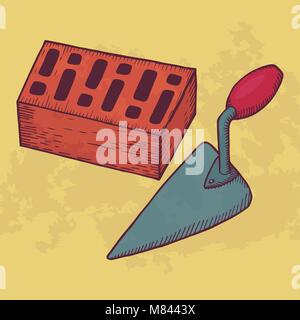 Brick and trowel vector illustration. Hand drawn work tool equipment. Stock Vector
