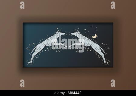 The picture in the brown frame vector illustration. Two wolves jump. Wild dogs on the background of the starry night sky with the moon. Stock Vector