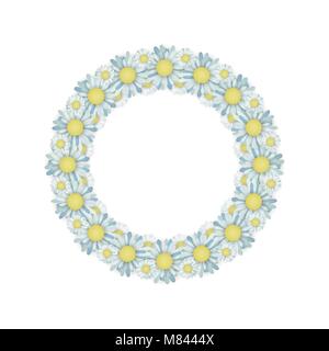 Greeting card with blue the wreath of daisies on white background. Chamomile vector illustration. Stock Vector
