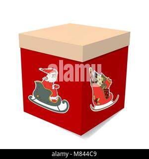 Red Christmas gift box with a white lid. The picture Santa's surprise sleigh. New year vector illustration. Stock Vector