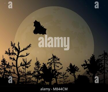 The night sky with glow vector illustration. A bat flies over the forest. Big yellow moon. Stock Vector