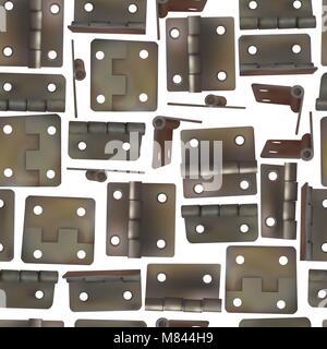 Hinge for doors vector illustration. Seamless pattern background of brass, golden or bronze industrial ironmongery. Mechanism for retro style furnitur Stock Vector