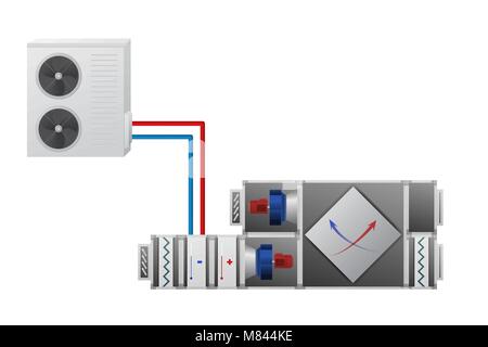 Air handler with heating, cooling unit, recuperator and conditioner vector illustration. Technical image. Stock Vector