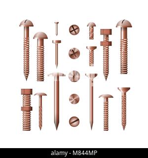 Set of copper fasteners vector illustration. The group symbol for the workshop. Screw, bolt, nut and nail. Stock Vector