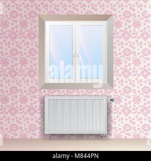 Steel panel radiator under the window. Heating equipment with electronic thermostatic head. Vector wallpaper with floral pattern. Stock Vector