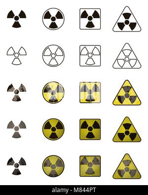 Set of icons with sign of radiation. Collection of hazard symbols vector illustration.Yellow and black color. Simple and outline element, volume and g Stock Vector