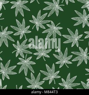 Seamless pattern background marijuana. Tangle pattern and zen doodle hashish. Wallpaper green and white leafs. Vector illustration. Stock Vector