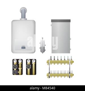 Equipment for heating system vector illustration. Boiler, hydraulic arrow, pump unit, comb. Stock Vector