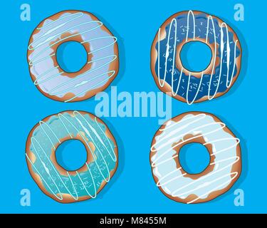 a vector illustration in eps 10 format of iced doughnuts with blue decorations on a turquoise background Stock Vector