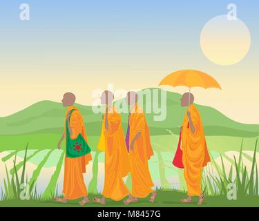 a vector illustration in eps 10 format of Buddhist monks in orange robes walking by a paddy field with mountains in Asia Stock Vector