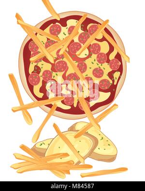a vector illustration in eps 10 format of a pepperoni pizza with garlic bread and French fries on a white background Stock Vector