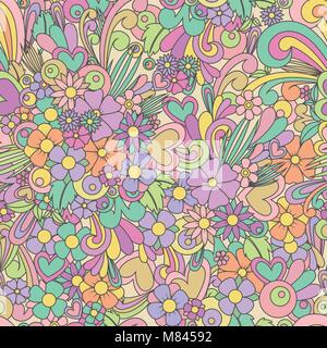 Wallpaper with zentangle flowers and hearts. Floral vector seamless pattern backgrouns. Zen tangle and doodle. Stock Vector