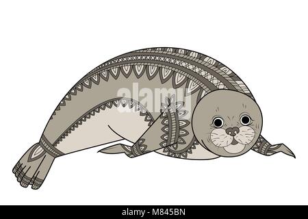 Cute seal Zentangle vector illustration. Phoca Zen Tangle. Wild animals of Antarctica coloring book for adult. Northern wildlife. Stock Vector