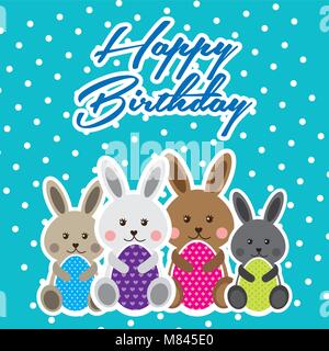 happy birthday card cute rabbits sitting holding easter eggs vector illustration Stock Vector