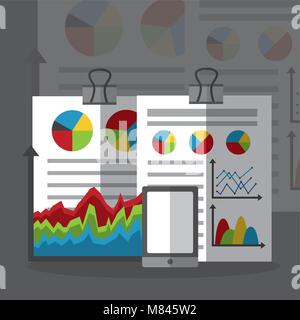 statistics data business clipboard report and smartphone vector illustration Stock Vector