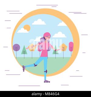 happy woman on roller skating sport in the park vector illustration Stock Vector