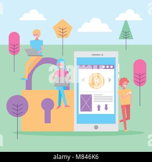 people smartphone security laptop in the park vector illustration Stock Vector