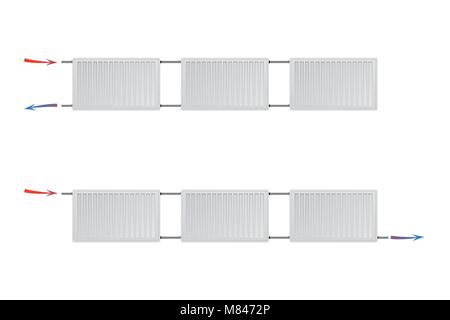 Two different heating systems with steel panel radiators on a white background. HVAC vector illustration. Stock Vector