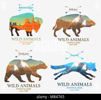 Mountains and boar, bear, fox, buffalo silhouette wild animal. Multiple or double exposure. Old label or badge. Journey, travel by nature. Badge or emblem, logo or label for your design. Stock Vector