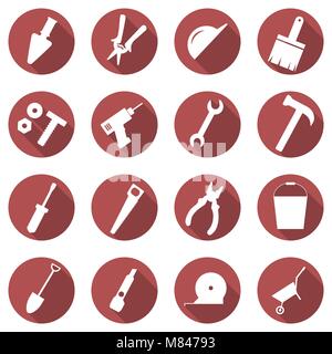 Vector set of building concept icons. Flat images of tools. Badges in the red circle Stock Vector