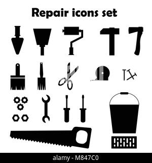Repair black icons set. Tools images vector illustration. Build symbols. Stock Vector