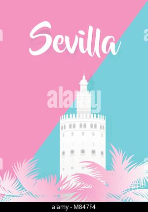 Illustration of the gold tower with the word seville written in spanish. Stock Vector