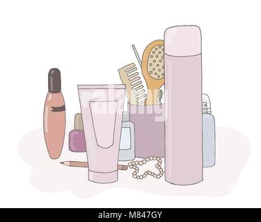 A set of cosmetic products vector. Makeup kit. Personal Skin Care for women. Beauty make up collection Stock Vector