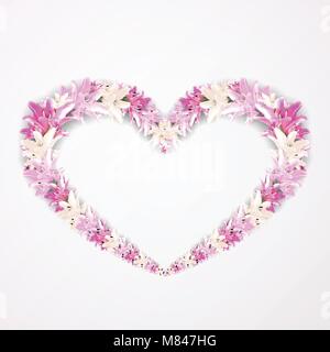 Floral shape of heart with pink lily flowers. Beautiful postcard with floral wedding pattern. A symbol of love on a greeting card vector illustration. Stock Vector