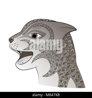 The head of a wild cat vector illustration. Zen Tangle feline face. Grey coat color. Stock Vector