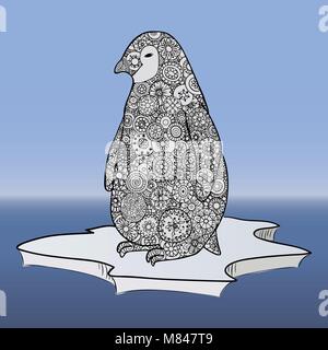 Penguin stands on an ice floe. Zen tangle vector illustration. Zentangle animals of the Antarctic. Blue sky and ocean. Stock Vector