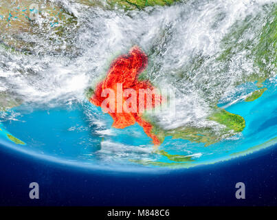 Myanmar highlighted in red on planet Earth with clouds. 3D illustration. Elements of this image furnished by NASA. Stock Photo