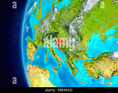 Map of Croatia as seen from space on planet Earth with clouds and atmosphere. 3D illustration. Elements of this image furnished by NASA. Stock Photo