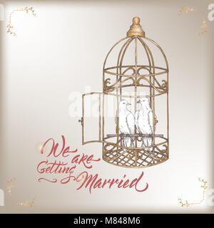 Romantic vintage Wedding invitation card template with calligraphy and white doves in cage sketch. Stock Vector