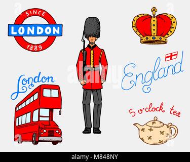 British Logo, Crown and Queen, teapot with tea, bus and royal guard, London and the gentlemen. symbols, badges or stamps, emblems or architectural landmarks, United Kingdom. Country England label. Stock Vector