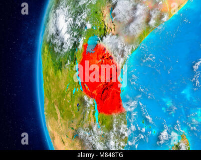 Map of Tanzania as seen from space on planet Earth with clouds and atmosphere. 3D illustration. Elements of this image furnished by NASA. Stock Photo
