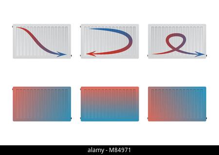 The flow of heat in a steel panel radiator. Thermal imager of blue and red. The water flowing indicated by the arrows. The image heating equipment vec Stock Vector