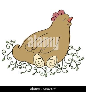 Broody Easter vector illustration. Hand drawn chicken with eggs Stock Vector